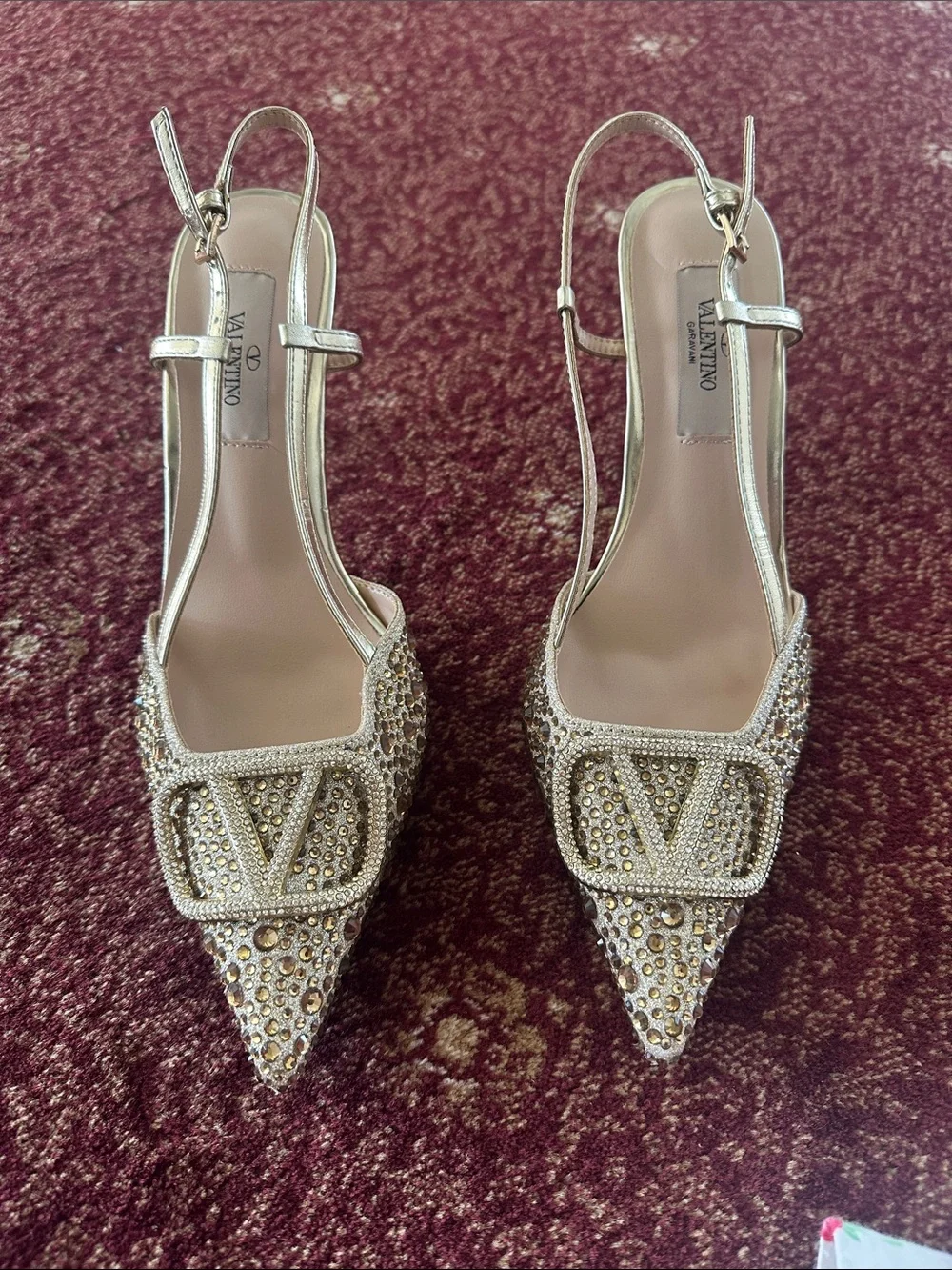 Crystal-Embellished Slingback Pumps in Metallic Gold